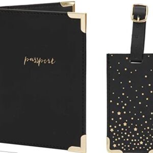 Grature Luggage Tag with Passport Holder Cover for Women Gift Set | Synthetic Vegan PU Leather Wallet Travel Accessories | Cruise Essentials (Black)