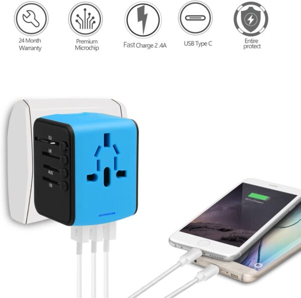 JMFONE Universal Travel Adapter,International Power Adapter High Speed 2.4A 4*USB, Type-C 3.0A Port with Worldwide AC Plug Wall Charger for European, Italy, US, and More 170 Countries (Blue) - Image 2