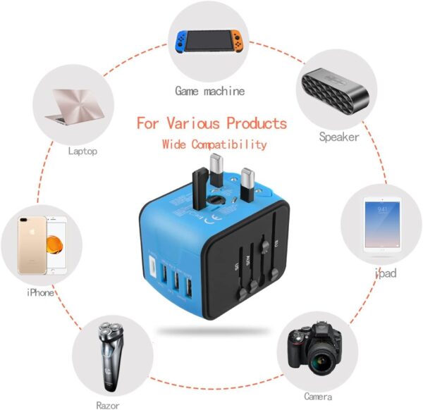 JMFONE Universal Travel Adapter,International Power Adapter High Speed 2.4A 4*USB, Type-C 3.0A Port with Worldwide AC Plug Wall Charger for European, Italy, US, and More 170 Countries (Blue) - Image 7