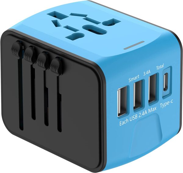 JMFONE Universal Travel Adapter,International Power Adapter High Speed 2.4A 4*USB, Type-C 3.0A Port with Worldwide AC Plug Wall Charger for European, Italy, US, and More 170 Countries (Blue)