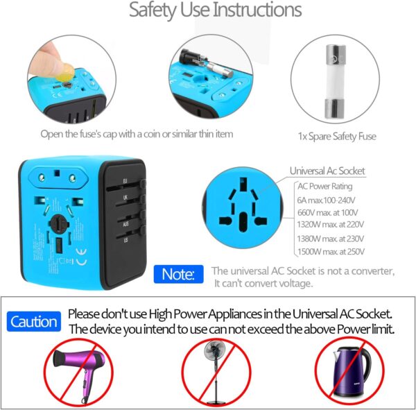 JMFONE Universal Travel Adapter,International Power Adapter High Speed 2.4A 4*USB, Type-C 3.0A Port with Worldwide AC Plug Wall Charger for European, Italy, US, and More 170 Countries (Blue) - Image 6