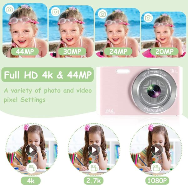 UIKICON Digital Camera, 4K 44MP Kids Camera with 32GB SD Card and 2 Rechargeable Batteries, Small Mini Point and Shoot Compact Digital Cameras for Beginners, Kids and Teens - Pink - Image 2