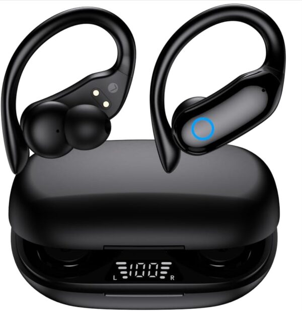 GNMN Bluetooth Headphones Wireless Earbuds 48hrs Playback IPX7 Waterproof Earphones Over-Ear Stereo Bass Headset with Earhooks Microphone LED Battery Display for Sports/Workout/Gym Black