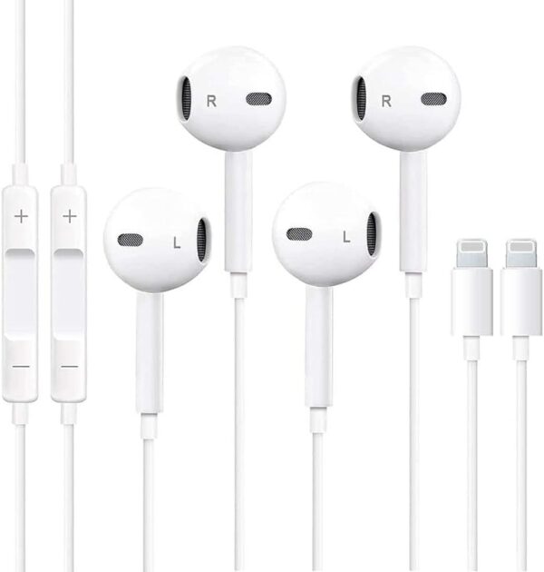 2 Pack Wired Earbuds for iPhone Headphones Wired Lightning Earphones Built-in Microphone & Volume Control Headsets Compatible for iPhone 14/13/12/11/XR/XS/X/8/7/SE/Pro/Pro Max, LT-White, LT-A01