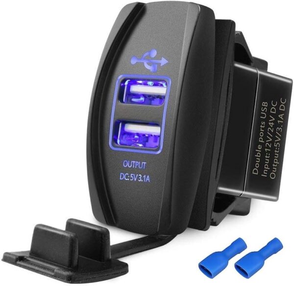 Xislet UTV ATV Dual USB Charger Universal Rocker Style Fast Charger Port Compatible with Side by Side, Boats with Blue LED Light for Rocker Switch Panel